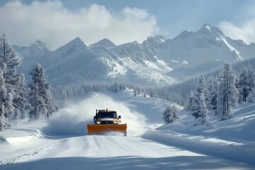 Wall Mural - Snowplow truck clearing snowy mountain road in winter