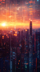 Leinwandbilder - Light trails falling on illuminated skyscrapers at sunset in a futuristic cyberpunk city with orange sky