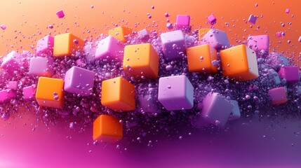 Wall Mural - 3d flying orange and violet cubes and balls, , violet background 
