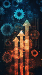 Aufkleber - Growing orange arrows and gears on a dark background representing positive performance, growth and success