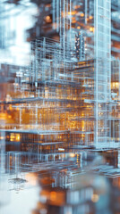 Poster - Metallic wireframe cityscape glowing with digital networks, reflecting intricate urban design on sleek surface, conveying technological complexity