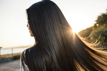 Poster - Long Shiny Silky Black Hair Glows in the Sunset Light. Generative AI