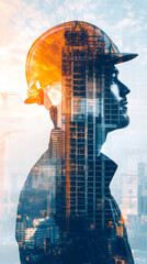 Poster - Double exposure of engineer with hardhat and new building under construction during sunset