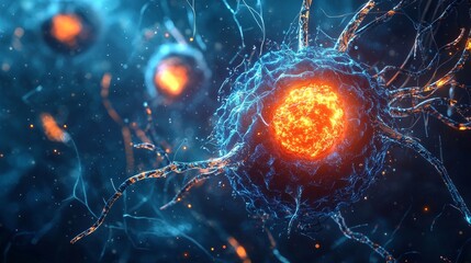 Wall Mural - Highly detailed close-up of a biological cell with glowing orange nucleus at the center, surrounded by intricate and dynamic tendrils, suspended in a dark, fluidic environment, bioluminescence effect,