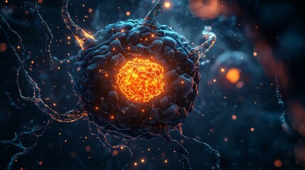 Canvas Print - highly detailed close-up of a biological cell with glowing orange nucleus at the center, surrounded 