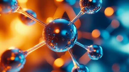 Wall Mural - close-up of a molecular structure, metallic and glossy atoms connected by thin bonds, floating in a 