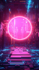 Poster - Luminescent neon ring casting electric light over cyberpunk urban landscape, revealing intricate circuit networks amid vivid chromatic tones