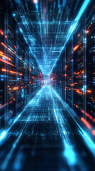 Poster - Digital data streaming through high-tech server room, generating vibrant blue-orange luminescence