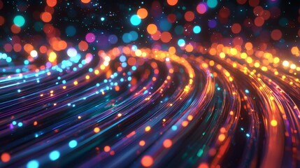 Wall Mural - an intricate network of glowing fiber optic cables, spreading across a dark surface