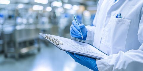 food safety inspector in laboratory setting is holding clipboard and pen, wearing white lab coat and blue gloves, focusing on hygiene and quality control