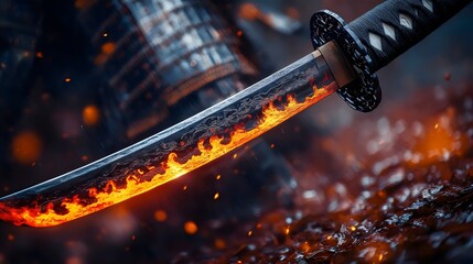 Wall Mural - A sword with a red flame on the tip is shown in a black and orange background