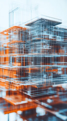 Poster - Complex wireframe rendering of a modern building showing its structure during the design and planning phase