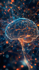 Poster - Glowing blue and orange human brain connected with neural network and bright dots on dark background