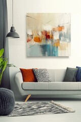 Wall Mural - Minimalist living room with abstract art and natural light creating a serene atmosphere