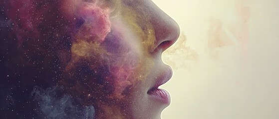 Wall Mural - Cosmic Dreamscape: A Surreal Portrait of a Face Merging with a Vibrant Nebula