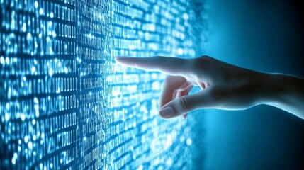 Poster - A hand touches a glowing digital interface of binary code, symbolizing interaction with technology and data.
