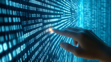 Poster - A hand reaches towards a digital wall of binary code, symbolizing interaction with technology and data.