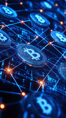 Fototapete - Cryptocurrency blockchain network connecting bitcoin coins on digital motherboard with glowing lines and data, shining with blue light