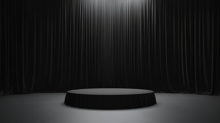 Poster - Empty studio features a circular podium pedestal against a solid black backdrop, creating a luxurious and minimalist atmosphere for product showcase