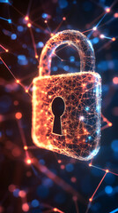 Fototapete - Glowing polygonal padlock amid digital network lines, symbolizing secure data protection in cybersecurity landscape