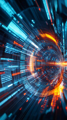 Poster - Abstract digital information forming a tunnel of data flowing through cyberspace with orange and blue lights