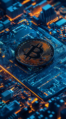 Poster - Golden bitcoin resting on glowing electronic circuit, representing cryptocurrency mining and blockchain innovation