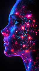 Leinwandbilder - Woman's profile silhouetted against luminescent neural network, representing advanced technological intelligence and digital connectivity