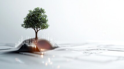 Wall Mural - tree icon with binary branches and digital profit curve on a clean white background, symbolizing bus