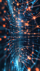 Leinwandbilder - Orange lines connecting bright nodes creating a complex network on a blue digital background, perfect for technology and communication concepts
