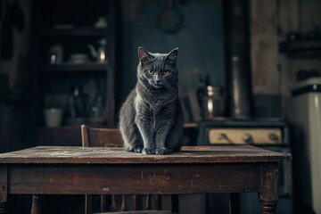 Gray Cat Sitting on Antique Table in Rustic Kitchen