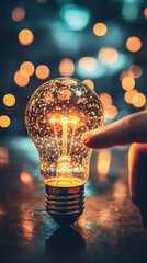 Aufkleber - Illuminating creativity, glowing light bulb with blurred background, finger touching bright luminescent glass surface