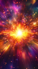 Aufkleber - Colorful explosion with bokeh lights and particles exploding from the center creating rays of light in a dark space