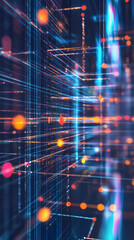 Poster - Futuristic server room visualizing data transfer within a complex network infrastructure, featuring glowing nodes and connections