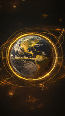 Poster - Planet Earth rotating in space surrounded by golden light trails, stars and nebulas in the background, concept of global connection and digital world