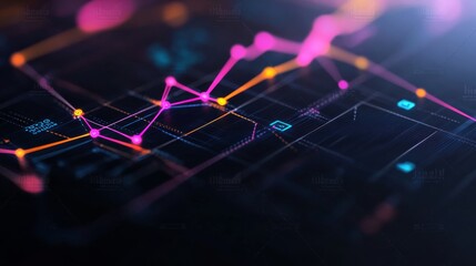 Leinwandbilder - Close-up view of a glowing digital map featuring connections that represent blockchain technology in finance, healthcare, and supply chain management
