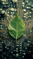 Poster - Green leaf resting on electronic circuit board, symbolizing eco-friendly computing and sustainable digital innovation
