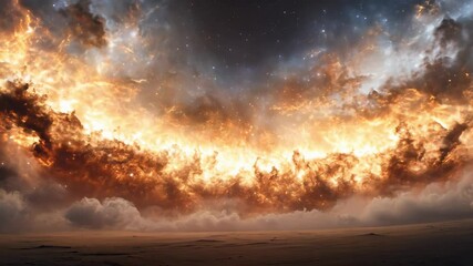 Wall Mural - Experience the awe of a vast cosmic landscape where vibrant clouds of fiery colors meet a backdrop of twinkling stars. This mesmerizing view captures the beauty of the universe in all its glory.