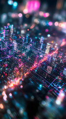 Poster - Aerial view of a futuristic metropolis with glowing lines representing data flow, symbolizing the concept of a smart city