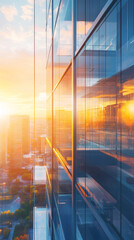 Canvas Print - Golden sunset glowing on sleek glass skyscraper, casting warm urban light across metropolitan skyline