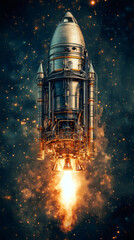Aufkleber - Steampunk style rocket ship launching into a starry sky, with flames and smoke billowing from its engines, creating a sense of power and adventure