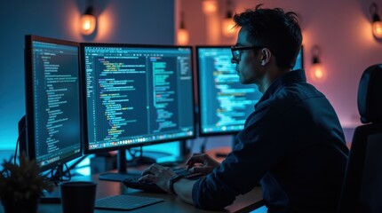 Software Engineer Working at Desk with Multiple Monitors