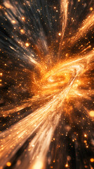 Poster - Swirling golden vortex exploding in space with glowing particles creating a mesmerizing cosmic scene