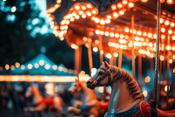 A close-up view of a spinning carousel showcases colorful horses and bright lights, creating a lively ambiance perfect for family fun and excitement