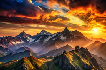 Wall Mural - Dramatic Silhouette Landscape at Sunset, 3D Rendered Mountain Scene