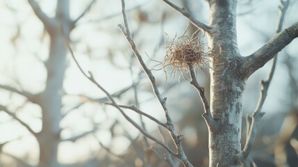 Winter tree branch detail, sunlit orchard background, nature texture, design element
