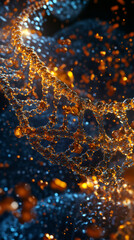 Poster - 3d render of a golden dna helix rotating with particles flowing in a dark background, science and biology concept