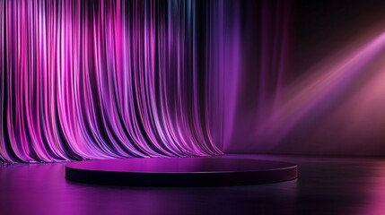 Fototapete - Close-up view of a dark purple podium on a minimalist stage, spotlight shining brightly, complimented by an abstract wall and floor design for product presentations