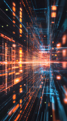 Poster - Futuristic server room filled with glowing digital information, creating vibrant light trails that illuminate the high-tech environment