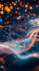 Leinwandbilder - Orange and blue glowing particles and lines flowing on a dark background, creating an abstract and futuristic atmosphere