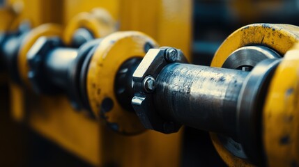 Sticker - Industrial factory close-up; metal shaft, gears, yellow machinery, blurred background